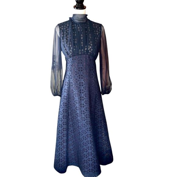 Vintage Dresses & Skirts - Vintage Union-Made Navy Blue Lace Dress with Sheer Sleeves | EUC | Size XS (0-2)